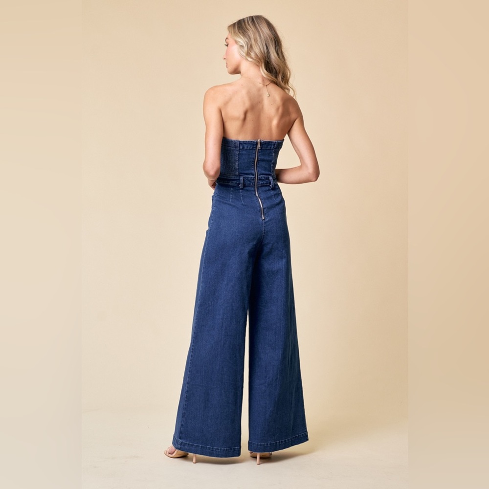 MID DENIM STRAPLESS WIDE LEG DENIM JUMPSUIT WITH POCKETS🤠 - Picture 4 of 9